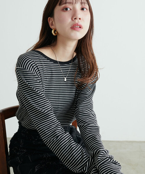 natural couture（ナチュラルクチュール）の「前後2WAYヘンリーネックボーダーT（Tシャツ/カットソー・レディース・ピンク/オレンジ/チャコールグレー/オフホワイト/ブラック・FREE）」の21枚目の写真