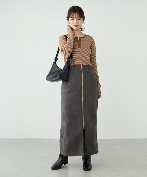 natural couture（ナチュラルクチュール）の「前後2WAYヘンリーネックボーダーT（Tシャツ/カットソー・レディース・ピンク/オレンジ/チャコールグレー/オフホワイト/ブラック・FREE）」の10枚目の写真