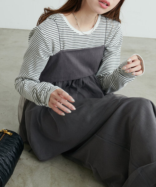 natural couture（ナチュラルクチュール）の「前後2WAYヘンリーネックボーダーT（Tシャツ/カットソー・レディース・ピンク/オレンジ/チャコールグレー/オフホワイト/ブラック・FREE）」の2枚目の写真