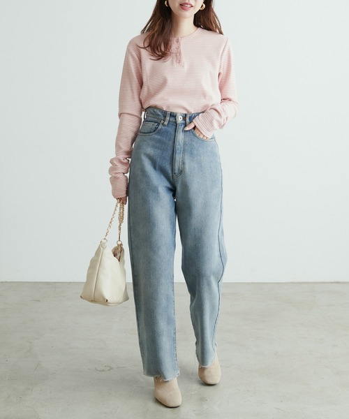 natural couture（ナチュラルクチュール）の「前後2WAYヘンリーネックボーダーT（Tシャツ/カットソー・レディース・ピンク/オレンジ/チャコールグレー/オフホワイト/ブラック・FREE）」の9枚目の写真