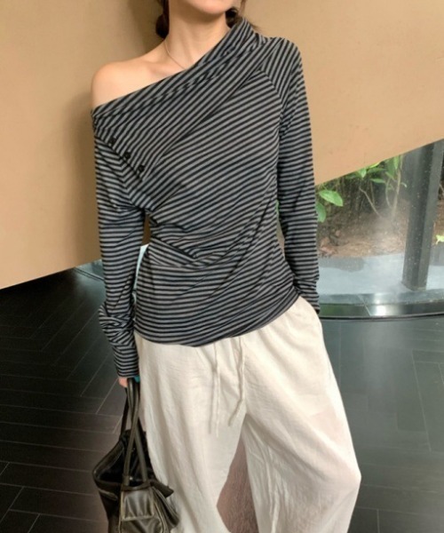 ワンショルダーアシメデザインボーダートップス（Tシャツ/カットソー）｜deux amour（ドゥーザムール）