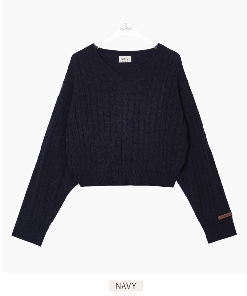 BEIDELLI（ベイデリー）の「[BELLIDE MADE] シグネチャーケーブルルーズフィットVネックニット（ニット/セーター・レディース・ネイビー/ベージュ/オリーブ/グレー/ピンク・FREE）」の7枚目の写真