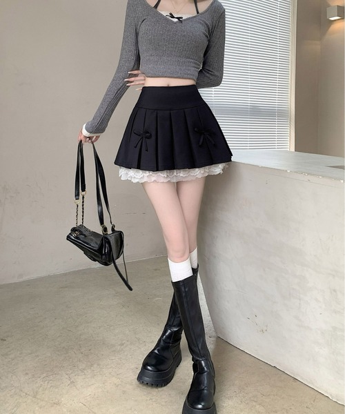 WEGO（ウィゴー）の「WEGO/インナーパンツ付きリボンレースプリーツミニ丈スカート（スカート・レディース・グレー/ブラック/ダークグレー・SMALL/MEDIUM）」の22枚目の写真