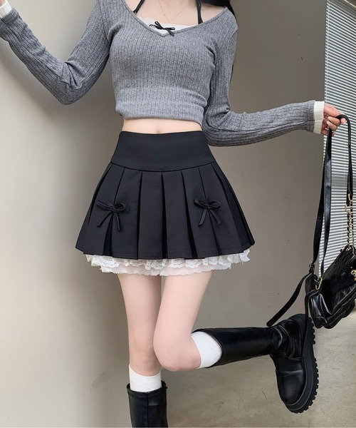 WEGO（ウィゴー）の「WEGO/インナーパンツ付きリボンレースプリーツミニ丈スカート（スカート・レディース・グレー/ブラック/ダークグレー・SMALL/MEDIUM）」の18枚目の写真