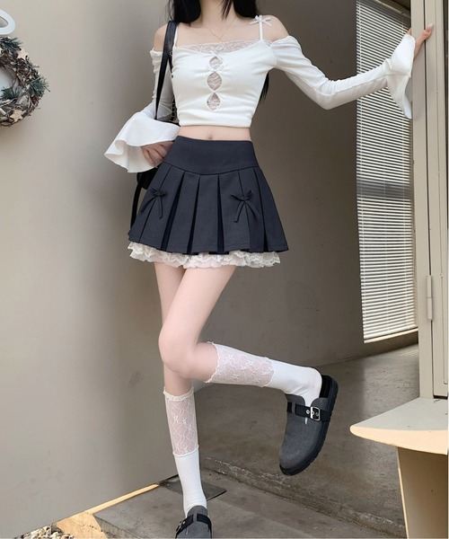 WEGO（ウィゴー）の「WEGO/インナーパンツ付きリボンレースプリーツミニ丈スカート（スカート・レディース・グレー/ブラック/ダークグレー・SMALL/MEDIUM）」の16枚目の写真