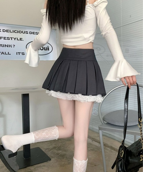 WEGO（ウィゴー）の「WEGO/インナーパンツ付きリボンレースプリーツミニ丈スカート（スカート・レディース・グレー/ブラック/ダークグレー・SMALL/MEDIUM）」の15枚目の写真