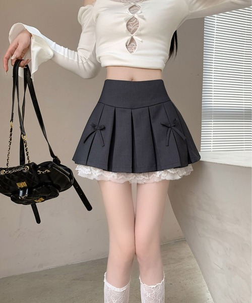 WEGO（ウィゴー）の「WEGO/インナーパンツ付きリボンレースプリーツミニ丈スカート（スカート・レディース・グレー/ブラック/ダークグレー・SMALL/MEDIUM）」の12枚目の写真