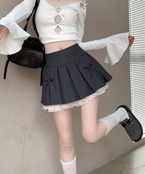 WEGO（ウィゴー）の「WEGO/インナーパンツ付きリボンレースプリーツミニ丈スカート（スカート・レディース・グレー/ブラック/ダークグレー・SMALL/MEDIUM）」の11枚目の写真