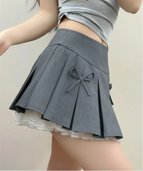 WEGO（ウィゴー）の「WEGO/インナーパンツ付きリボンレースプリーツミニ丈スカート（スカート・レディース・グレー/ブラック/ダークグレー・SMALL/MEDIUM）」の5枚目の写真