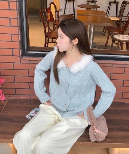 セール】ファーえり オフショルダーカーディガン（ニット/セーター