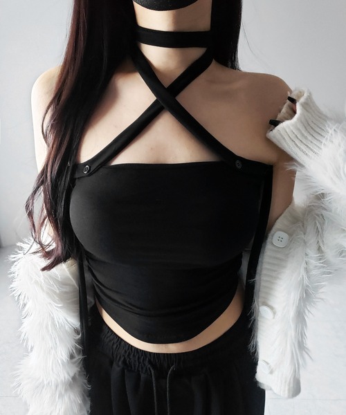 me+em select(ミームセレクト)の「【 3color / カップ付 】ロングチョーカークロスネックキャミソール / long choker cross neck camisole ※※(キャミソール・レディース・ブラック/ホワイト/グレー・FREE)」の19枚目の写真