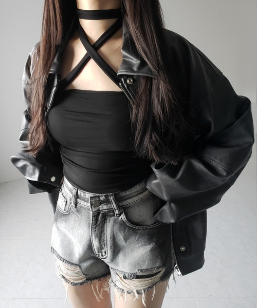 me+em select(ミームセレクト)の「【 3color / カップ付 】ロングチョーカークロスネックキャミソール / long choker cross neck camisole ※※(キャミソール・レディース・ブラック/ホワイト/グレー・FREE)」の22枚目の写真
