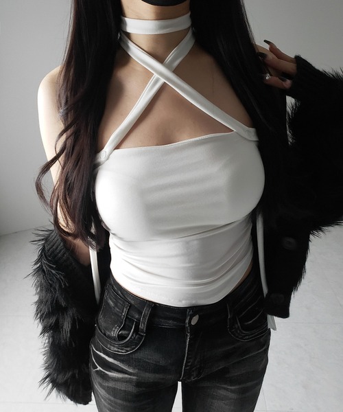 me+em select(ミームセレクト)の「【 3color / カップ付 】ロングチョーカークロスネックキャミソール / long choker cross neck camisole ※※(キャミソール・レディース・ブラック/ホワイト/グレー・FREE)」の10枚目の写真