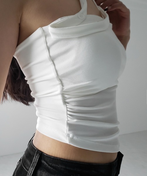 me+em select(ミームセレクト)の「【 3color / カップ付 】ロングチョーカークロスネックキャミソール / long choker cross neck camisole ※※(キャミソール・レディース・ブラック/ホワイト/グレー・FREE)」の5枚目の写真