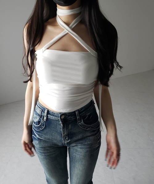 me+em select(ミームセレクト)の「【 3color / カップ付 】ロングチョーカークロスネックキャミソール / long choker cross neck camisole ※※(キャミソール・レディース・ブラック/ホワイト/グレー・FREE)」の15枚目の写真