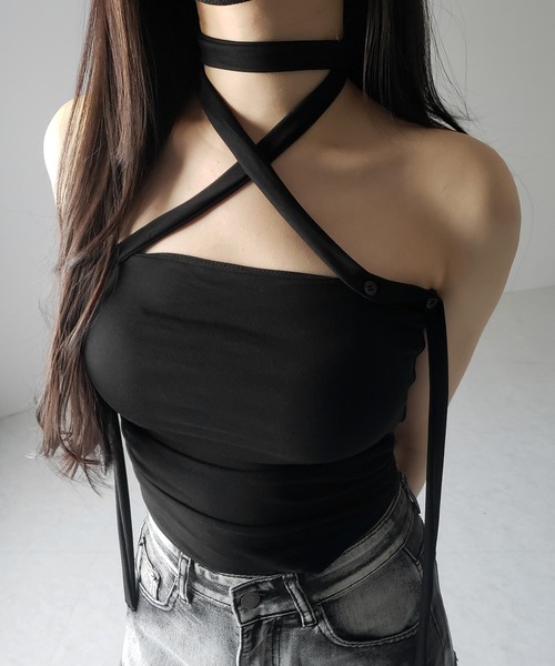 me+em select(ミームセレクト)の「【 3color / カップ付 】ロングチョーカークロスネックキャミソール / long choker cross neck camisole ※※(キャミソール・レディース・ブラック/ホワイト/グレー・FREE)」の21枚目の写真