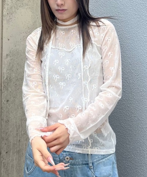 Candy Stripper(キャンディストリッパー)の「RIBBON SHEER CHOKER トップス(その他トップス・レディース・オフホワイト/ブラック/ピンク・FREE)」の2枚目の写真