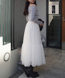 オフショルダーチュールドッキングワンピース 春服