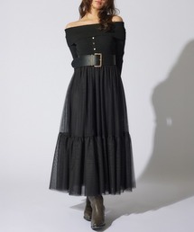 オフショルダーチュールドッキングワンピース 春服