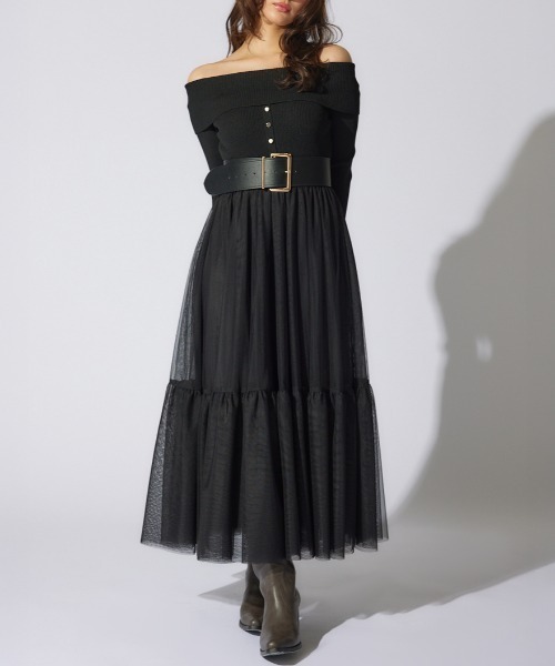 rienda(リエンダ)の「オフショルダーチュールドッキングワンピース 春服(ワンピース・レディース・ライトグレー/ブラック/ライトブラウン・FREE)」の1枚目の写真