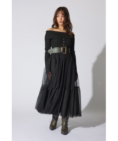 rienda(リエンダ)の「オフショルダーチュールドッキングワンピース 春服(ワンピース・レディース・ライトグレー/ブラック/ライトブラウン・FREE)」の5枚目の写真