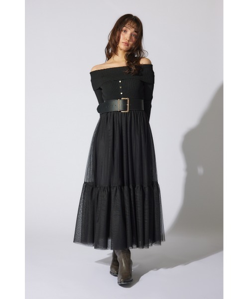 オフショルダーチュールドッキングワンピース 春服（ワンピース