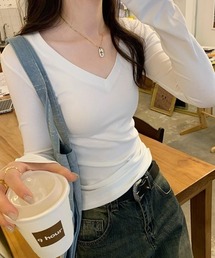 Vネック シアースリムTシャツ 長袖