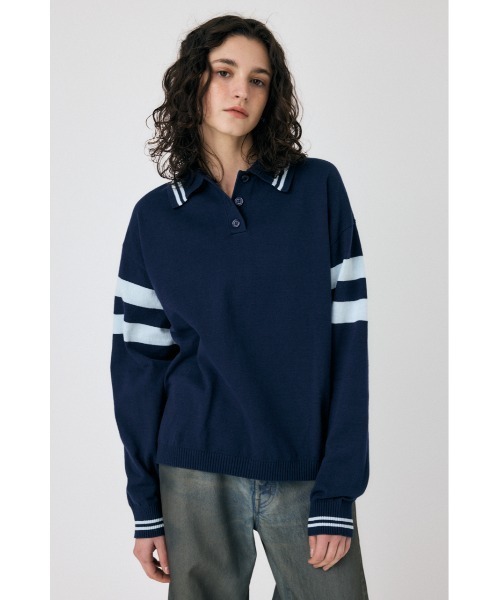 MOUSSY（マウジー）の「RUGGER ニット ポロシャツ（ニット/セーター・レディース・ネイビー/オフホワイト/レッド・FREE）」の4枚目の写真
