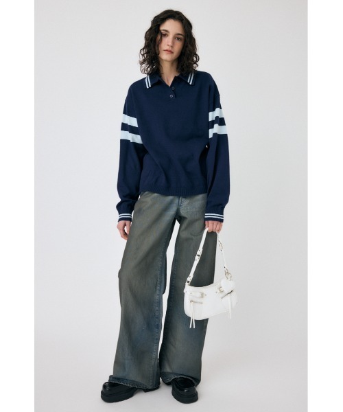 MOUSSY（マウジー）の「RUGGER ニット ポロシャツ（ニット/セーター・レディース・ネイビー/オフホワイト/レッド・FREE）」の6枚目の写真