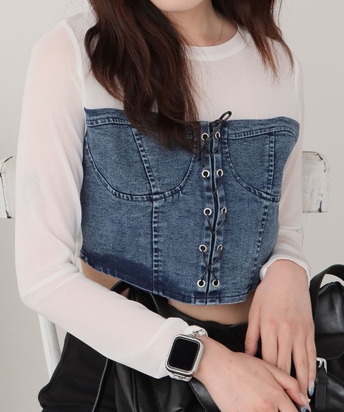 デニムコルセットビスチェ付き シアートップス（Tシャツ/カットソー