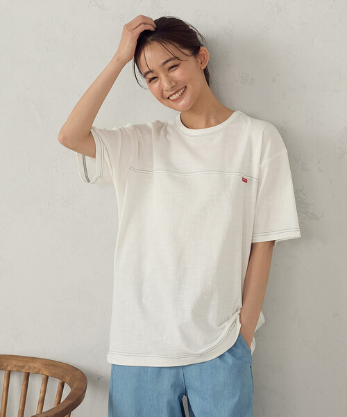 ONIGIRI(オニギリ)の「スラブ天竺半袖Tシャツ(Tシャツ/カットソー・レディース・ブルー/オフホワイト・FREE)」の1枚目の写真