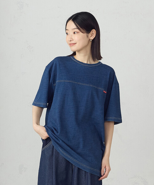 ONIGIRI(オニギリ)の「スラブ天竺半袖Tシャツ(Tシャツ/カットソー・レディース・ブルー/オフホワイト・FREE)」の5枚目の写真