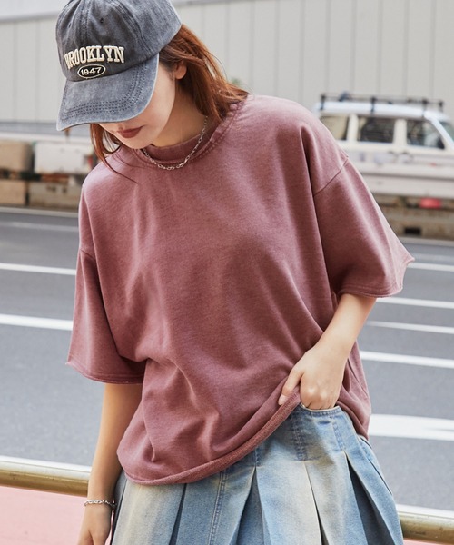 MONO-MART(モノマート)の「ヴィンテージ加工ショート丈半袖スウェットカットソー(Tシャツ/カットソー・レディース・グレー/レッド/ブラック/ブラウン/ネイビー・L/M)」の5枚目の写真