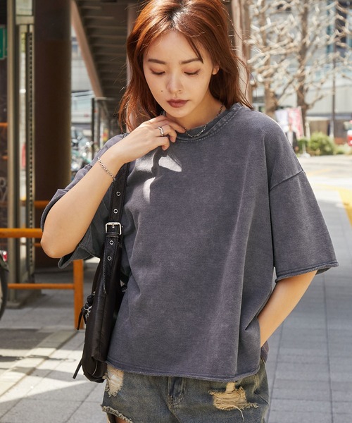 ヴィンテージ加工ショート丈半袖スウェットカットソー（Tシャツ