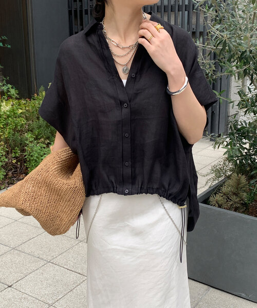 新品 今期 doudou リネンドロストフレンチシャツ シアー ブラック 新品 今期 doudou リネンドロストフレンチシャツ シアー