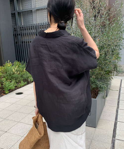新品 今期 doudou リネンドロストフレンチシャツ シアー ブラック 新品 今期 doudou リネンドロストフレンチシャツ シアー