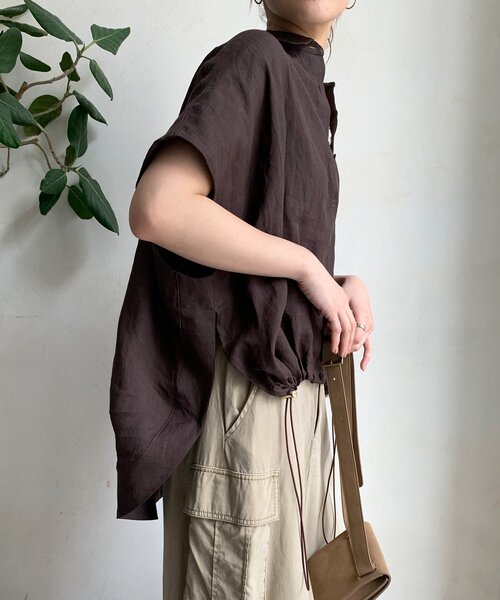 DouDou ブラウス シャツ リネンドロストフレンチシャツ