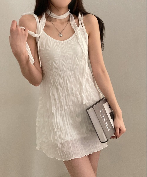 gossip！ロサンゼルス（ゴシップロサンゼルス）の「【Y2Kガーリー】 シュリンク加工　ボウタイリボン付きミニ丈ワンピース（ワンピース・レディース・ブラック/ホワイト・FREE）」の20枚目の写真