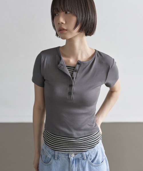 ヘンリーネックバイカラーストライプレイヤードTシャツ（Tシャツ