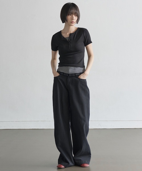 REST&RECREATION ストライプリップネックTシャツ Austwick ストライプリブネック Tシャツ（テーラードフィット