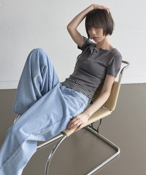 mizuiro ind タグ付き ストライプヘンリーネックシャツ mizuiro ind ストライプヘンリーネックシャツ｜ MARcourt ONLINE