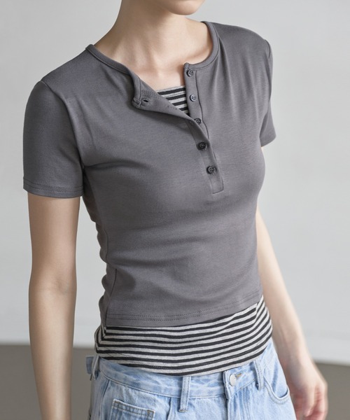 mizuiro ind タグ付き ストライプヘンリーネックシャツ mizuiro ind ストライプヘンリーネックシャツ｜ MARcourt ONLINE