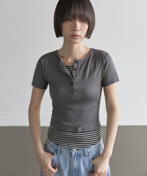 REST&RECREATION ストライプリップネックTシャツ Austwick ストライプリブネック Tシャツ（テーラードフィット