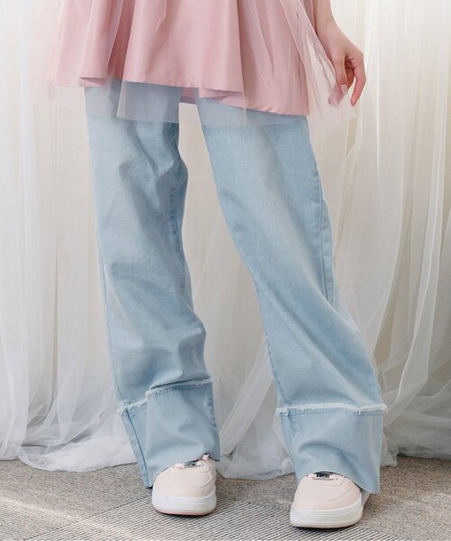 algy(アルジー)の「【接触冷感】デニム折返しワイドパンツ(デニムパンツ・キッズ・ブルー/サックスブルー・XX-SMALL/X-SMALL/SMALL/MEDIUM)」の1枚目の写真