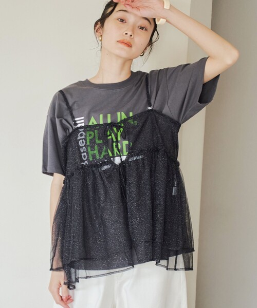 coen(コーエン)の「【セットアイテム】ラメチュールキャミセットロゴTシャツ(Tシャツ/カットソー・レディース・オフホワイト/ライトグレー/レッド/ダークグレー・M/L)」の1枚目の写真