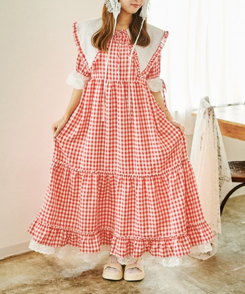 クーラクール♡anyfam♡ワンピース110 新品セット 8111→7666 クティールとレトロ】コットンレースティアードギンガムチェック