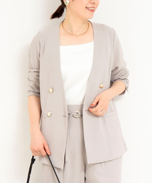 MICO COULIER（ミコクリエ）の「《セットアップ対応》ハイストレッチカルゼワッシャーノーカラージャケット（ノーカラージャケット・レディース・ネイビー/グレイッシュベージュ/グレー・38）」の2枚目の写真