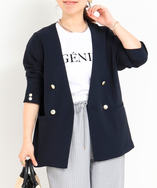 MICO COULIER（ミコクリエ）の「《セットアップ対応》ハイストレッチカルゼワッシャーノーカラージャケット（ノーカラージャケット・レディース・ネイビー/グレイッシュベージュ/グレー・38）」の5枚目の写真