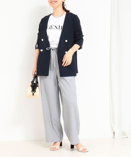 MICO COULIER（ミコクリエ）の「《セットアップ対応》ハイストレッチカルゼワッシャーノーカラージャケット（ノーカラージャケット・レディース・ネイビー/グレイッシュベージュ/グレー・38）」の6枚目の写真