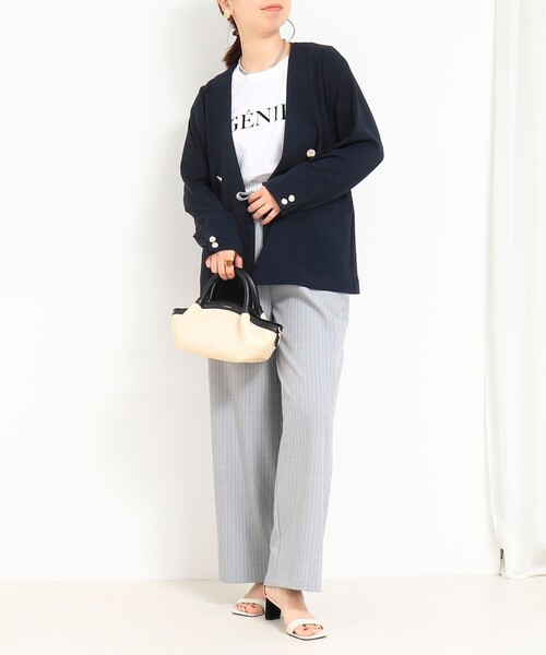 MICO COULIER（ミコクリエ）の「《セットアップ対応》ハイストレッチカルゼワッシャーノーカラージャケット（ノーカラージャケット・レディース・ネイビー/グレイッシュベージュ/グレー・38）」の10枚目の写真